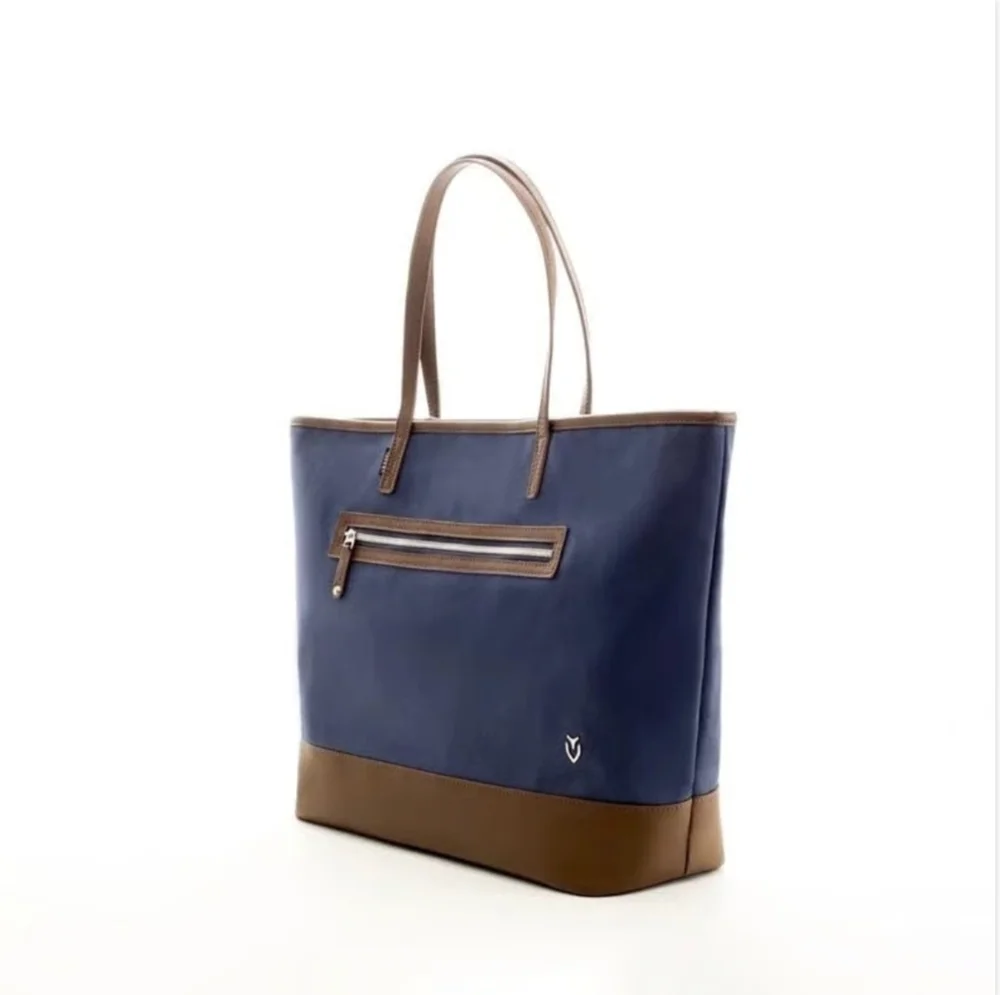 VESSEL Brown Blue Denim Canvas Leather Tote Bag Weekend Shoulder Zip Very Good